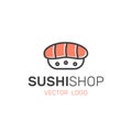 Logo of Asian Street Fast Food Bar or Shop, Sushi, Maki, Onigiri Salmon Roll with Chopsticks Royalty Free Stock Photo