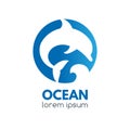 Logo badge with dolphin and ocean wave in a circular shape.