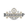 Retro Vintage Style for Barber Shop Logo Design. With scissors icons in gold, black and white colors Royalty Free Stock Photo