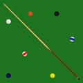 Logo Billiard balls in a green pool table and cue