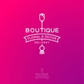 Logo of boutique of flowers and home decor. Rose and letters in the ribbon. Premium business emblem.