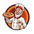 Logo Brand Pizza Design Fast food Mascot Template, icon, cartoon style, on white background. Smiling chef and pizza with Sausage Royalty Free Stock Photo