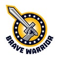 Logo brave warriors. A hand holding a sword. The circle is surrounded by asterisks. The emblem on the topic of the