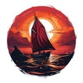 logo of Brig with scarlet sails among sea waves on sunset. Circle drawn illustration. Generative AI
