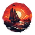 logo of Brig with scarlet sails among sea waves on sunset. Circle drawn illustration. Generative AI