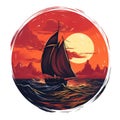 logo of Brig with scarlet sails among sea waves on sunset. Circle drawn illustration. Generative AI