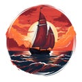 logo of Brig with scarlet sails among sea waves on sunset. Circle drawn illustration. Generative AI