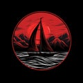 logo of Brig with scarlet sails among sea waves on sunset. Circle drawn illustration. Generative AI