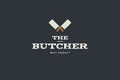 Logo of butcher with picture of two kitchen hatchet. Design elements for meat stores, packaging and advertising.