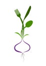 Logo for a cafe, restaurant or menu. Stylized image of a fork, knife and spoon growing from a bulb.