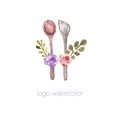 Logo for cake shop and bakery, kitchen with floral elements leaves and flowers roses and cooks