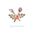 Logo for cake shop and bakery, kitchen with floral elements leaves and flowers roses and cooks