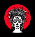 Logo in Calavera style. Dia de los muertos, Day of the dead is a Mexican holiday. Girl with flowers in her hair and Woman with Royalty Free Stock Photo