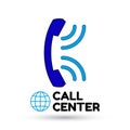 Logo call center. Globe, vintage handset, sound waves. Vector flat