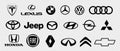 Logo of cars brand set: Tesla, lexus, volkswagen, bmw, mercedes, audi, jeep, fiat, honda... Black logo of popular brands of cars Royalty Free Stock Photo