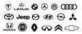 Logo of cars brand set: Tesla, lexus, volkswagen, bmw, mercedes, audi, jeep, fiat, honda... Black logo of popular brands of cars