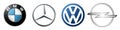 Logo of cars brand set: Volkswagen, bmw, mercedes, audi, opel. Realistic logo of popular brands of cars on isolated background. Royalty Free Stock Photo