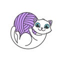 Logo With Cat In Circle Composition. Little Kitten Lies On The Back And Hold In Own Paws Yarn Ball. Logotype For Handmade Company