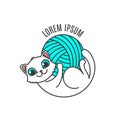 Logo with cat in circle composition. Little kitten lies on the back and hold in own paws yarn ball. Logotype for handmade company Royalty Free Stock Photo