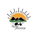 motor scooter logo with focus on mountains, trees and sunrise.