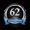Logo celebrating 62nd years anniversary with silver ring and blue ribbon