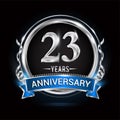 Logo celebrating 23rd years anniversary with silver ring and blue ribbon