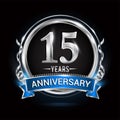 Logo celebrating 15th years anniversary with silver ring and blue ribbon