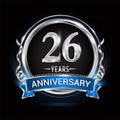 Logo celebrating 26th years anniversary with silver ring and blue ribbon