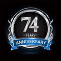 Logo celebrating 74th years anniversary with silver ring and blue ribbon