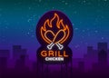 Logo Chicken Grill emblem, neon-style sign for food store, restaurant. Neon sign, glowing banner, nocturnal bright Royalty Free Stock Photo