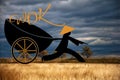 logo Chinese food delivery man running with the wok and wok on wheels against the background of cereals and a dark sky