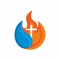 Logo church. Christian symbols. Cross. The fire of the Holy Spirit and the living water flows