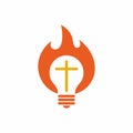 Church logo. Christian symbols. Cross of Jesus Christ inside the light bulb. The Flame of the Holy Spirit. Royalty Free Stock Photo