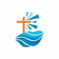 Logo church. Christian symbols. Waves, cross, streams of water alive, lighthouse