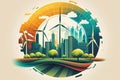 Logo for the circular economy with city buildings in the backdrop and wind turbines and solar panels.