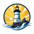 Logo, a close-up maritime lighthouse on the island, white and blue color, yellow light beam