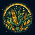 Logo cob and corn in circle stained glass composition, dark background. Corn as a dish of thanksgiving for the harvest