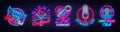 Logo collection in neon style. Neon Signs Collection Jazz Club, Night Cocktail, Karaoke, Stand Up, Lighthouse Night Club Royalty Free Stock Photo