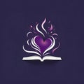 Logo concept abstract heart in white flames over book dark background. Heart as a symbol of affectnd love