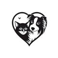 Logo concept black, heart and image of dog and cat white isolated background. Heart as a symbol of affection and Royalty Free Stock Photo