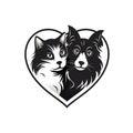 Logo concept black, heart and image of dog and cat white isolated background. Heart as a symbol of affection and Royalty Free Stock Photo