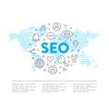 Logo Concept of SEO Search Engine Optimization Process with Worldwide Global Map Element