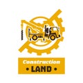 Logo of construction equipment. Globe, earth, gear. Drilling truck. The excavation of land. Vector illustration. Flat