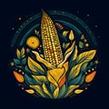 Logo corn cob in leaf in circle on solid dark background. Corn as a dish of thanksgiving for the harvest