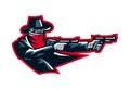 Logo cowboy shooting from a revolver. Wild west, bandits, sheriff, crime. Mascot, sticker, emblem. Sports identity