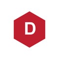 Logo D with a red hexagon background