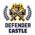 Logo defender castle. Fortress, tower, cross swords. Figure surrounded by a wreath. Vector illustration. Flat style.