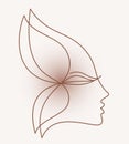 Logo design element. Female face profile with butterfly wings. Feminine concept illustration. Flat style design stock sketch. Royalty Free Stock Photo