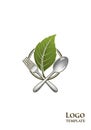 A logo design featuring a green leaf behind a crossed fork and spoon, Royalty Free Stock Photo