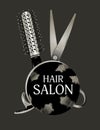 Logo design hair salon with scissors and hairbrush. Haircut symbol on a dark background. Vector